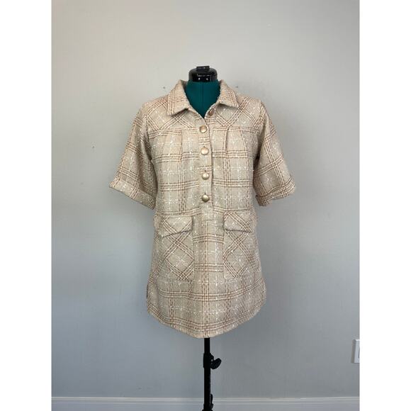 Beige Tweed Babydoll Mini Dress, Size L - Picture 3 of 6